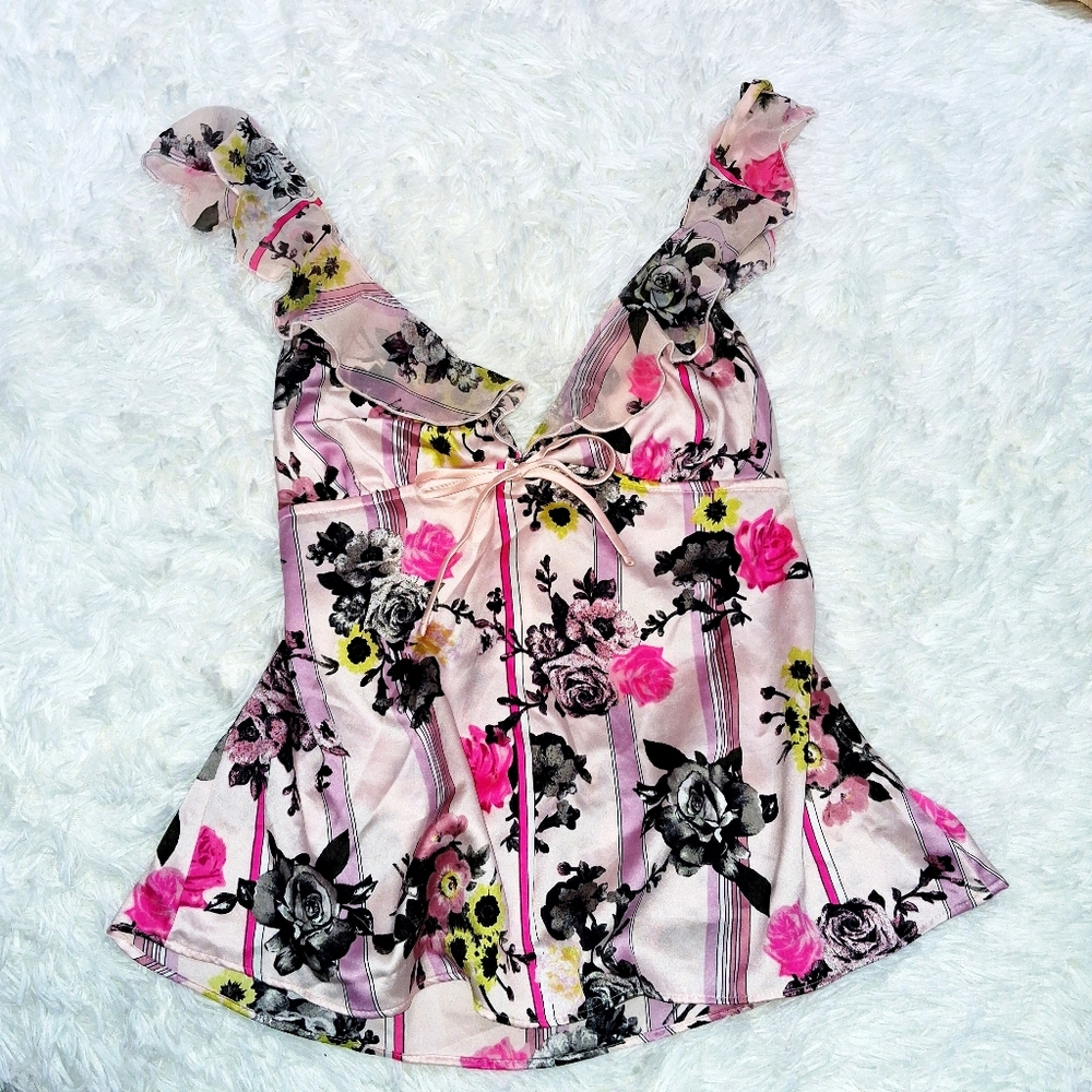 Victoria's Secret Floral Pink and Black Satin Cami Pj Top XS Stripes Roses